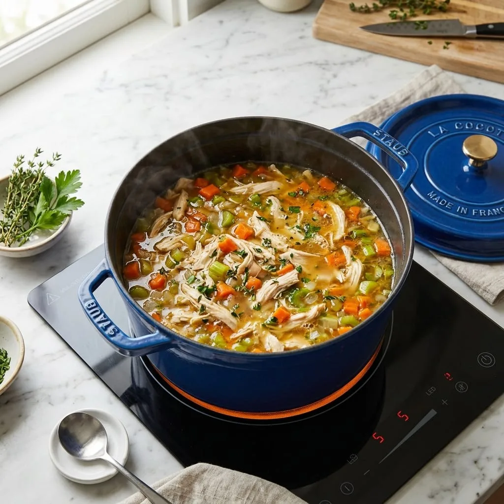 Simmering rich chicken broth and shredded chicken in blue Dutch oven