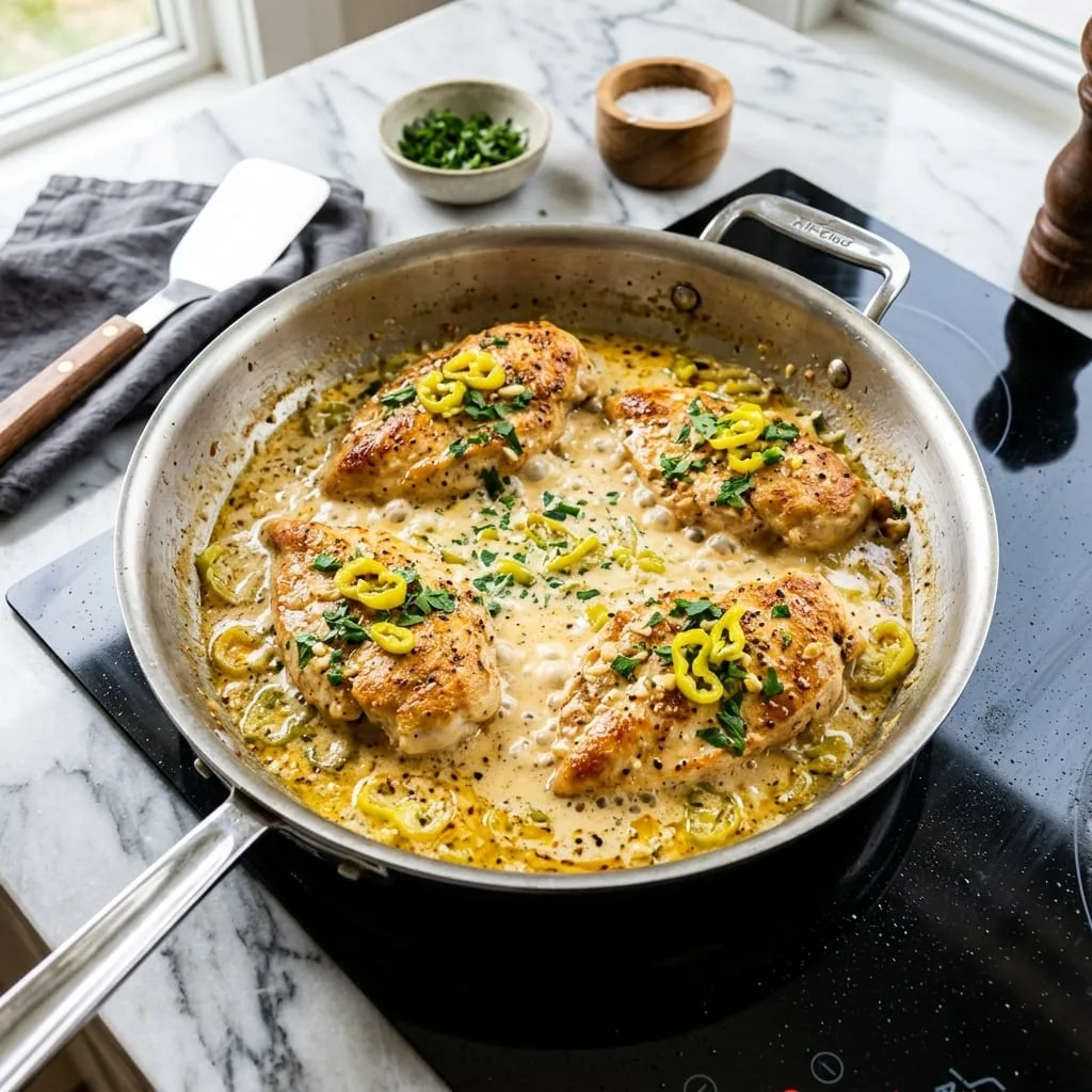 Chicken simmering in creamy pepperoncini sauce in skillet