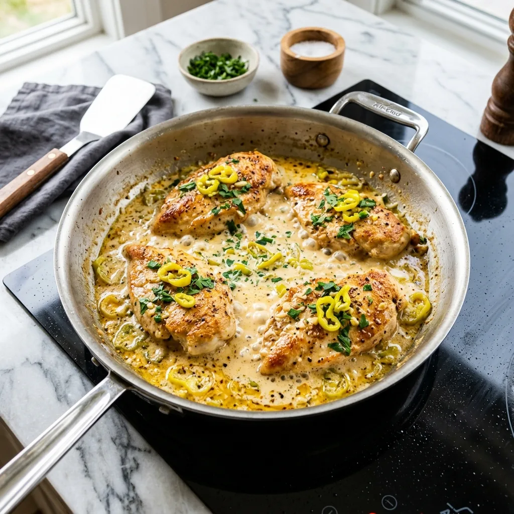 Chicken simmering in creamy pepperoncini sauce in skillet