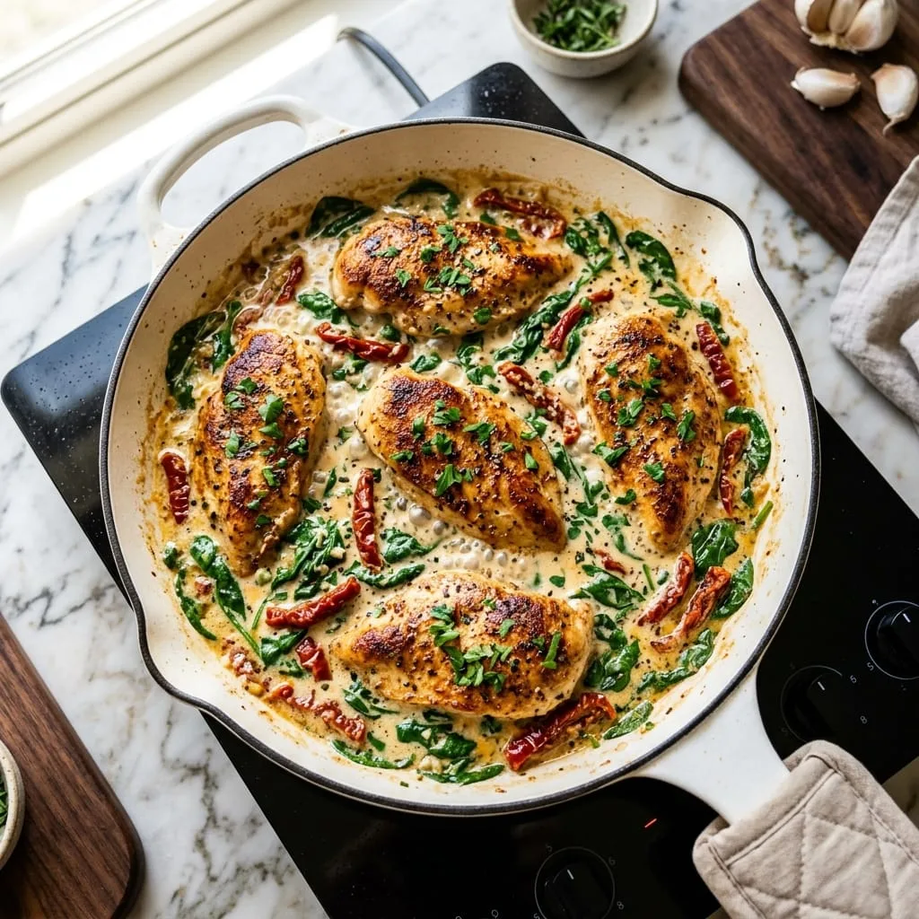 Golden chicken simmering in creamy Tuscan garlic sauce in skillet
