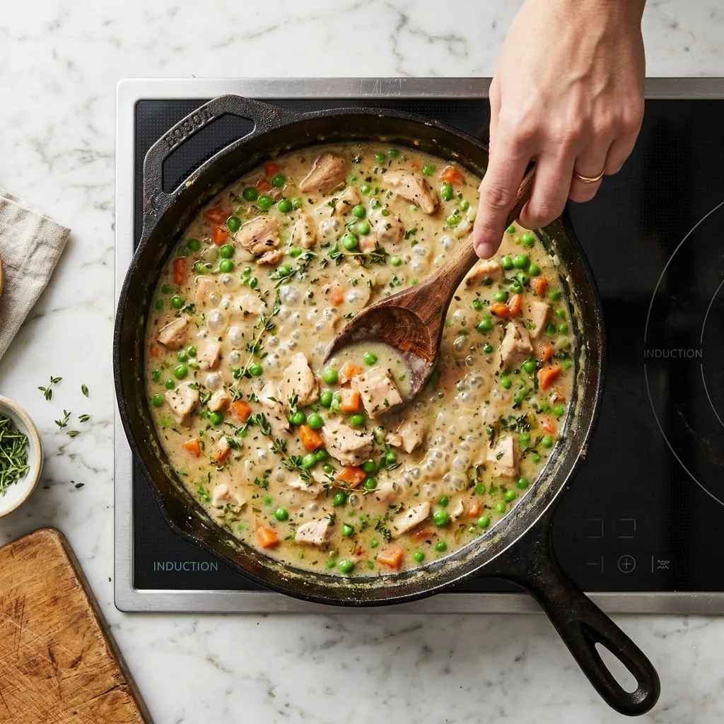 Simmering rich velvety chicken pot pie gravy in skillet