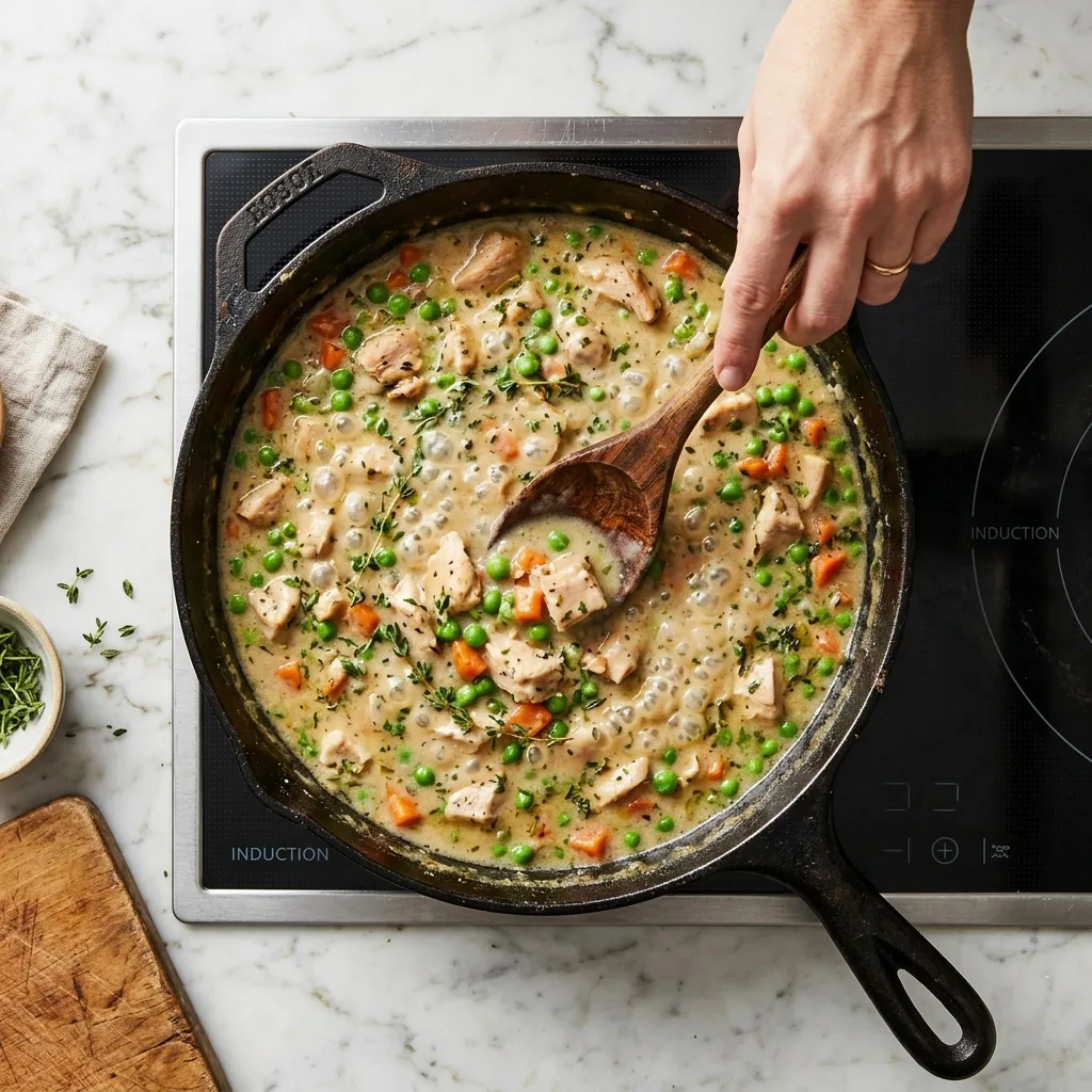 Simmering rich velvety chicken pot pie gravy in skillet