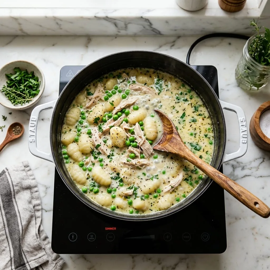 Potato gnocchi, shredded chicken, and green peas simmering in creamy soup