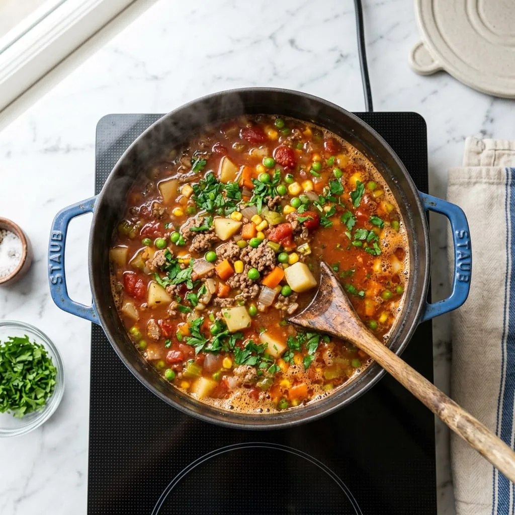 Simmering hamburger soup in rich savory tomato beef broth