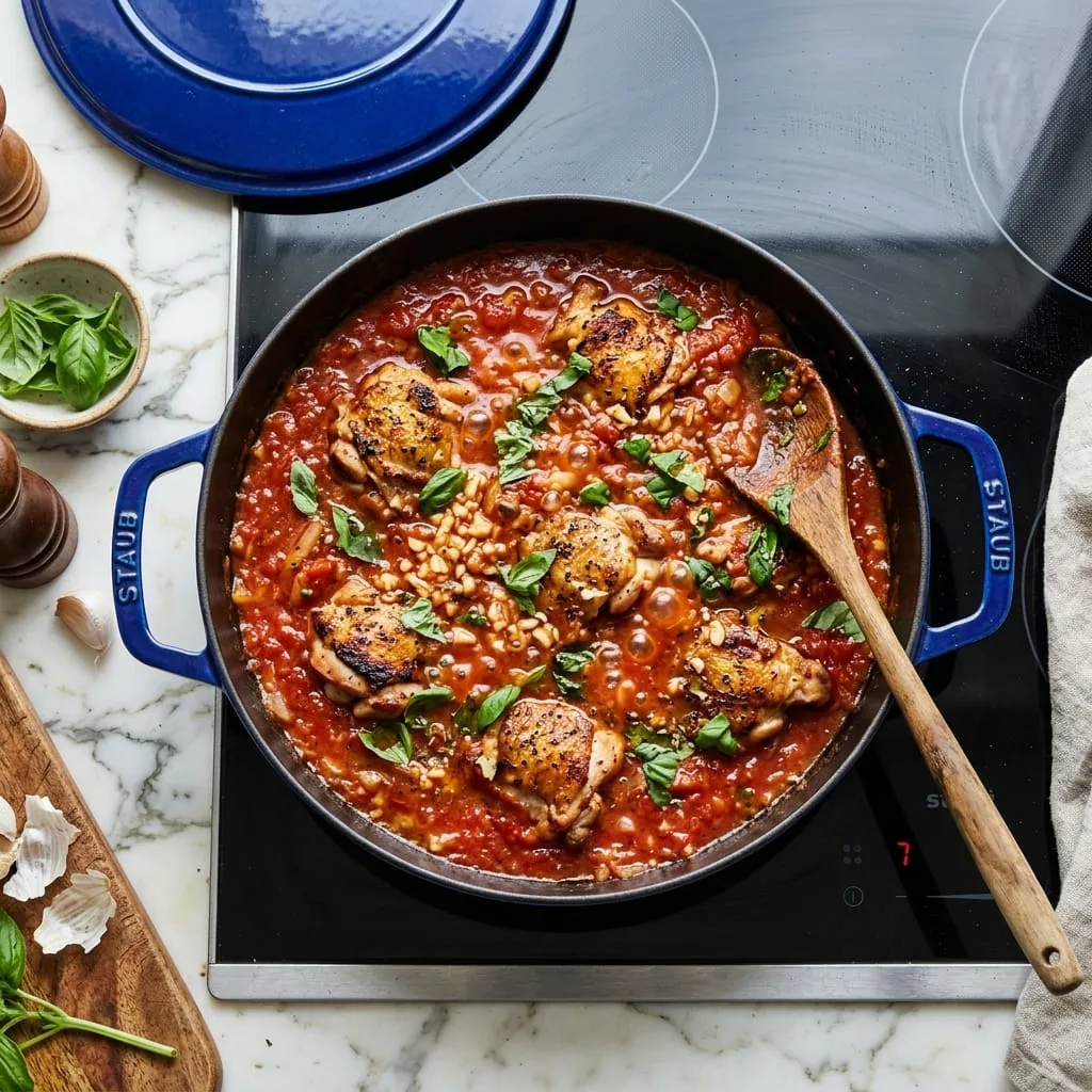 Simmering marinara tomato sauce and chicken in blue braiser