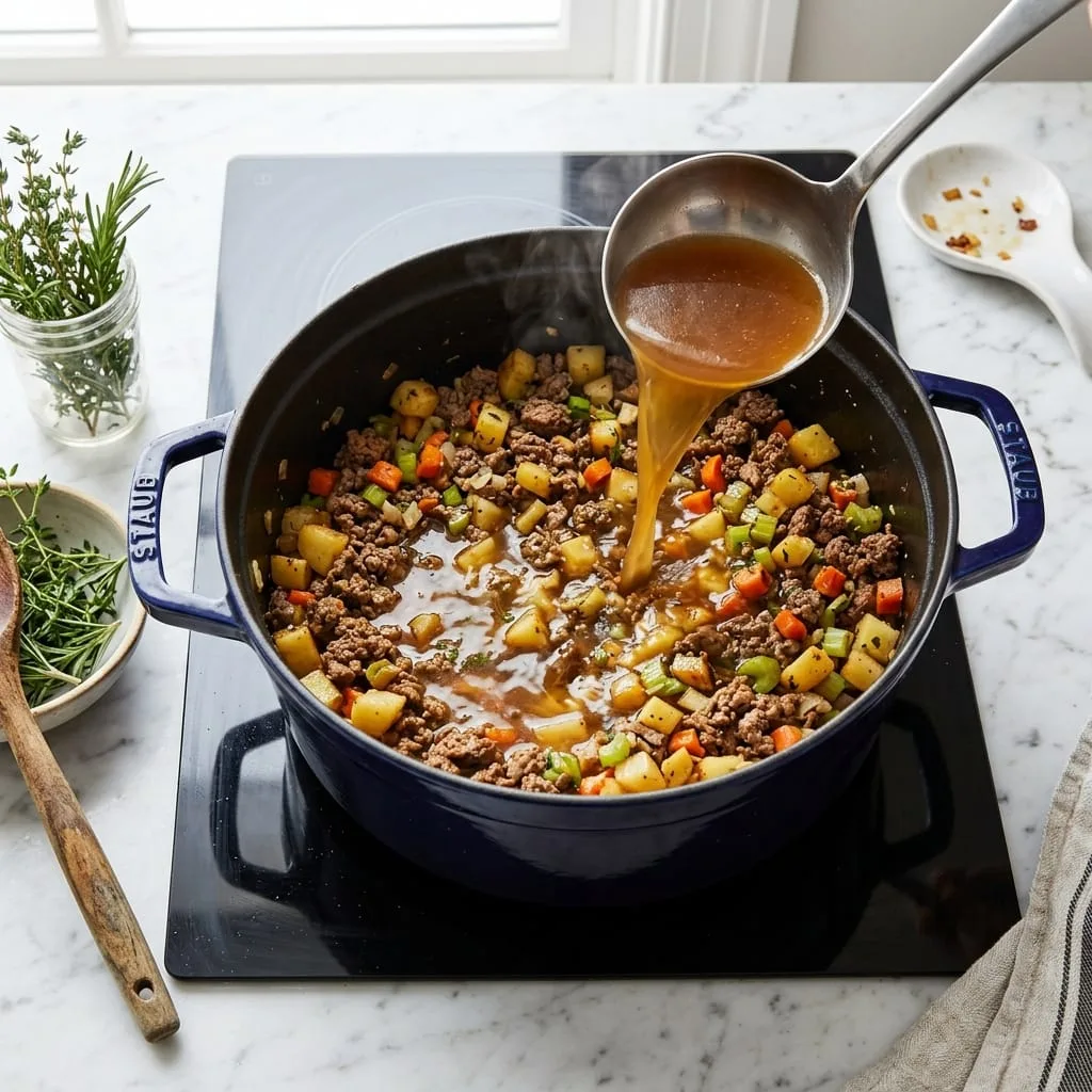 Simmering potatoes, carrots, and beef broth in soup pot