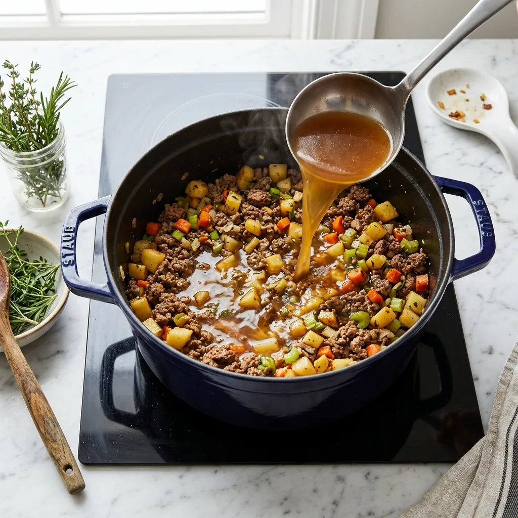 Simmering potatoes and broth in soup pot