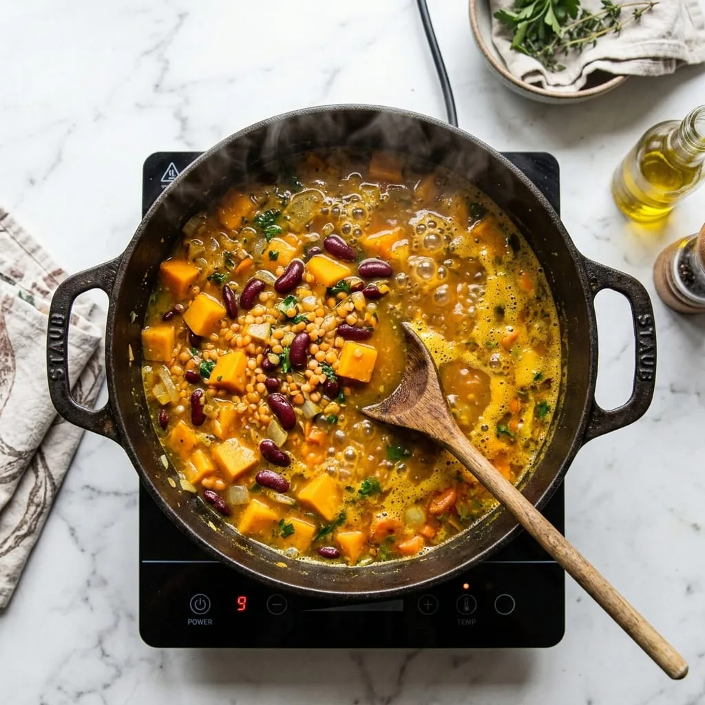 Simmering diced pumpkin cubes, red lentils, and kidney beans in vegetable broth