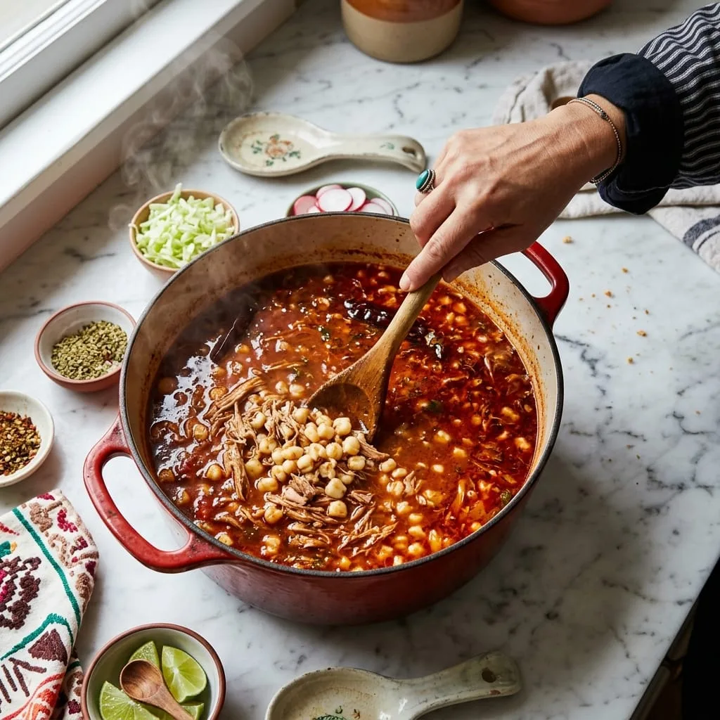 Stirring simmering red pozole soup loaded with tender shredded pork and hominy