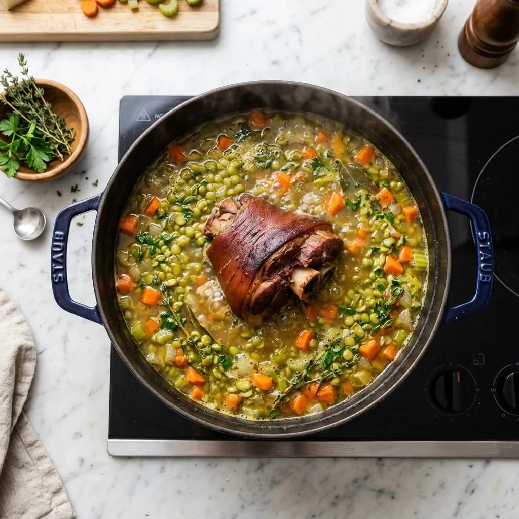 Simmering split peas and ham hock