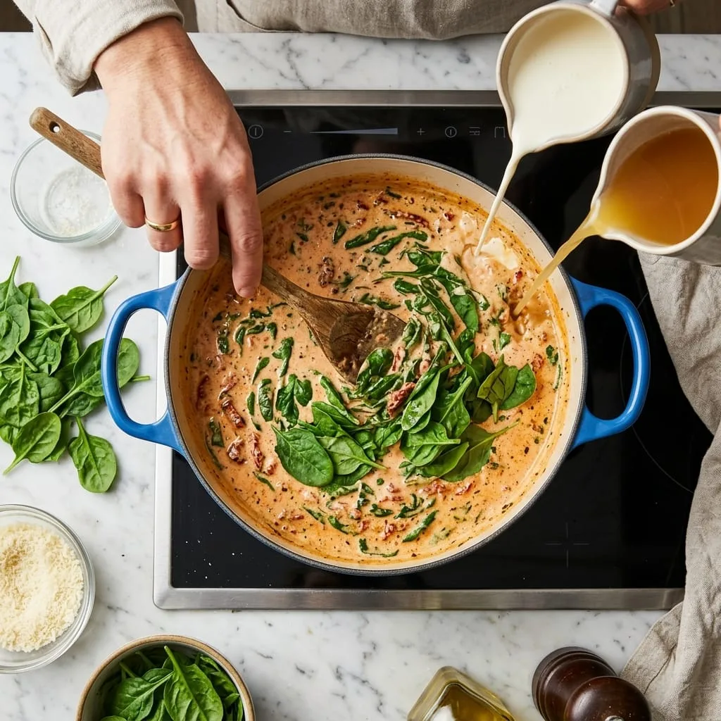 Simmering heavy cream and parmesan with wilting baby spinach