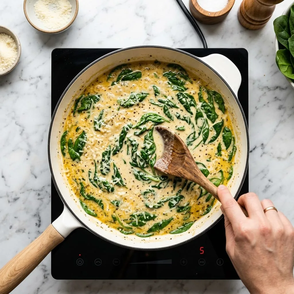 Stirring heavy cream and parmesan with baby spinach into sauce
