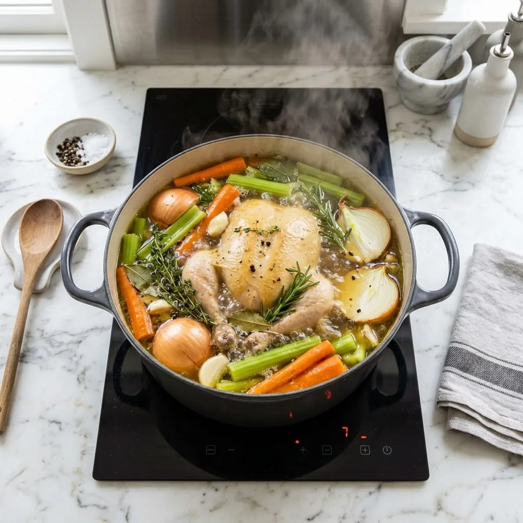 Simmering a whole roasting chicken with vegetables in stockpot
