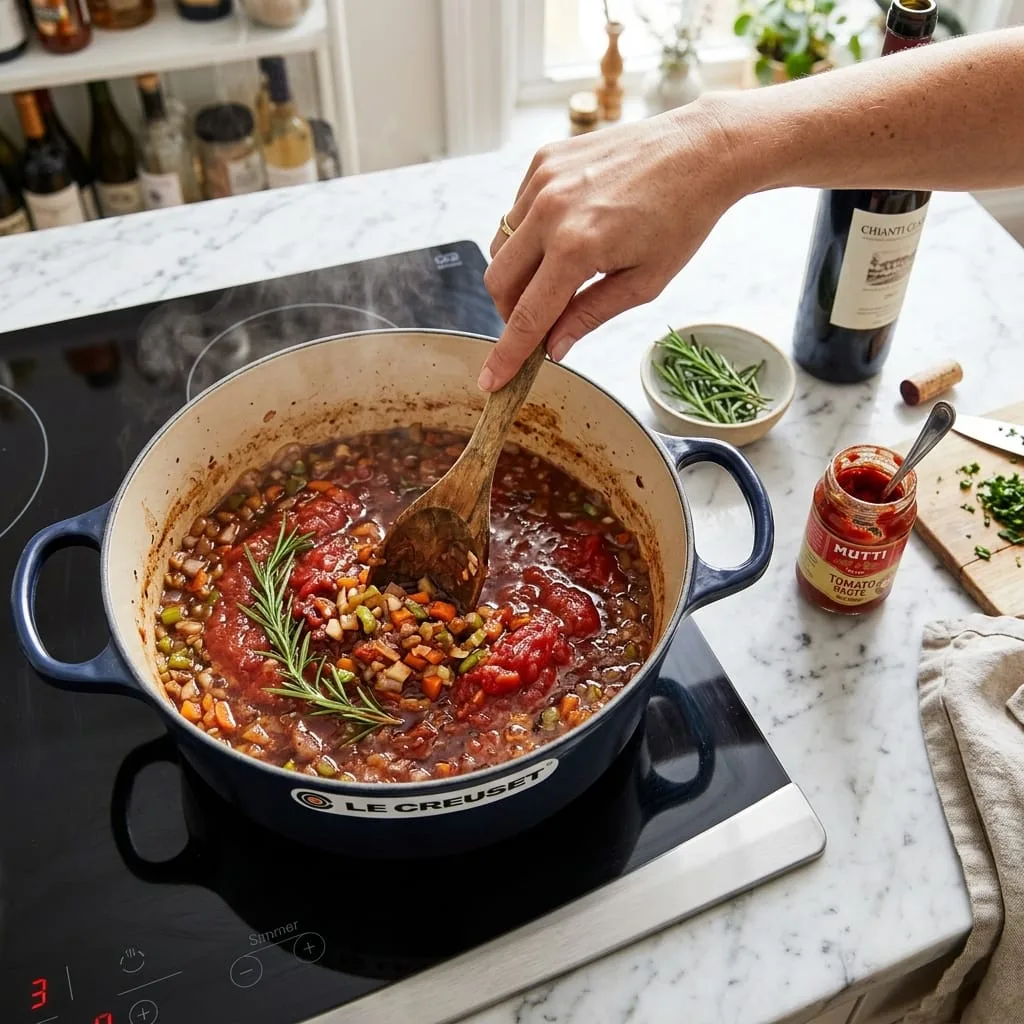 Stirring red wine, crushed San Marzano tomatoes, and soffritto in Dutch oven