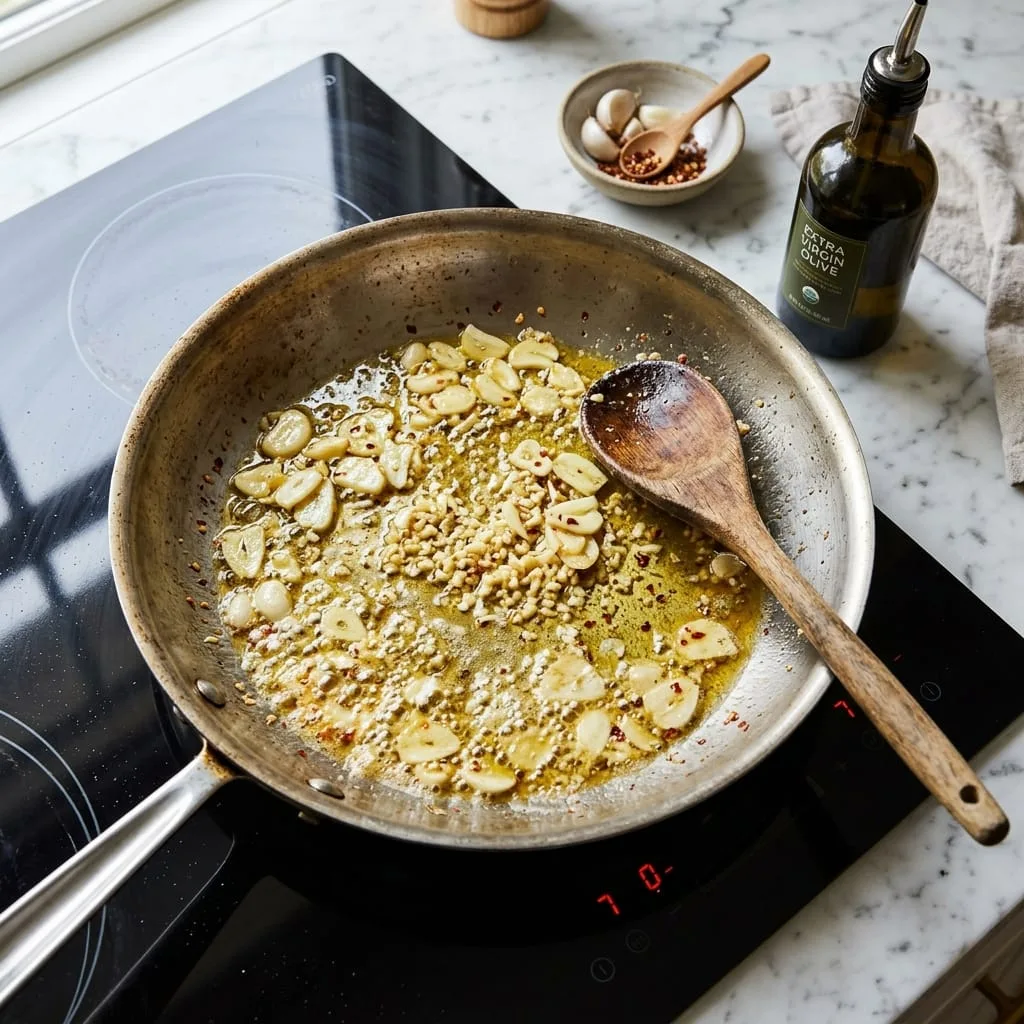 Sizzling thinly sliced garlic and butter in stainless steel skillet