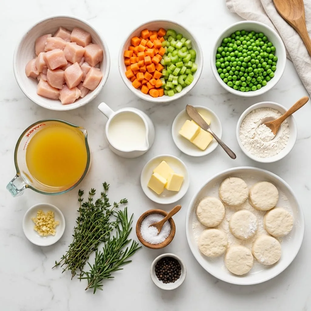 Skillet chicken pot pie ingredients laid out on white marble countertop