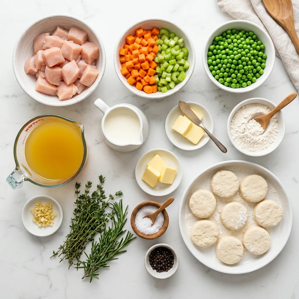 Skillet chicken pot pie ingredients laid out on white marble countertop
