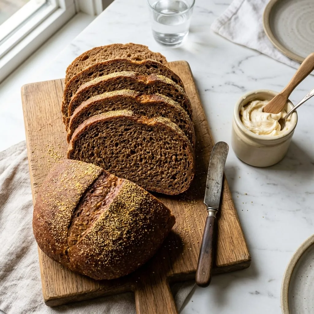 Warm sliced Outback Honey Wheat Bread on wooden board with whipped honey butter