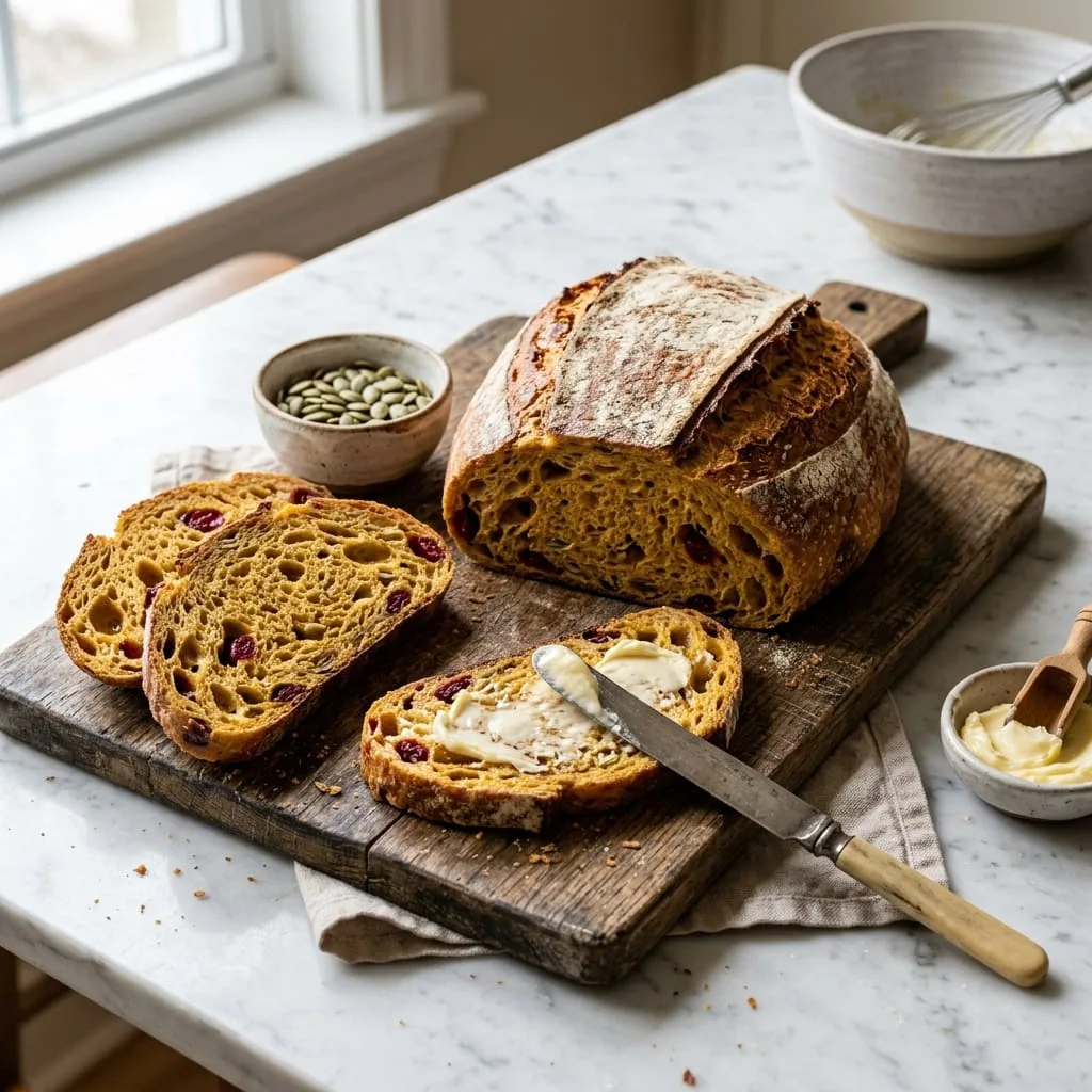 Freshly baked Sourdough Pumpkin Bread sliced on wooden board with salted butter