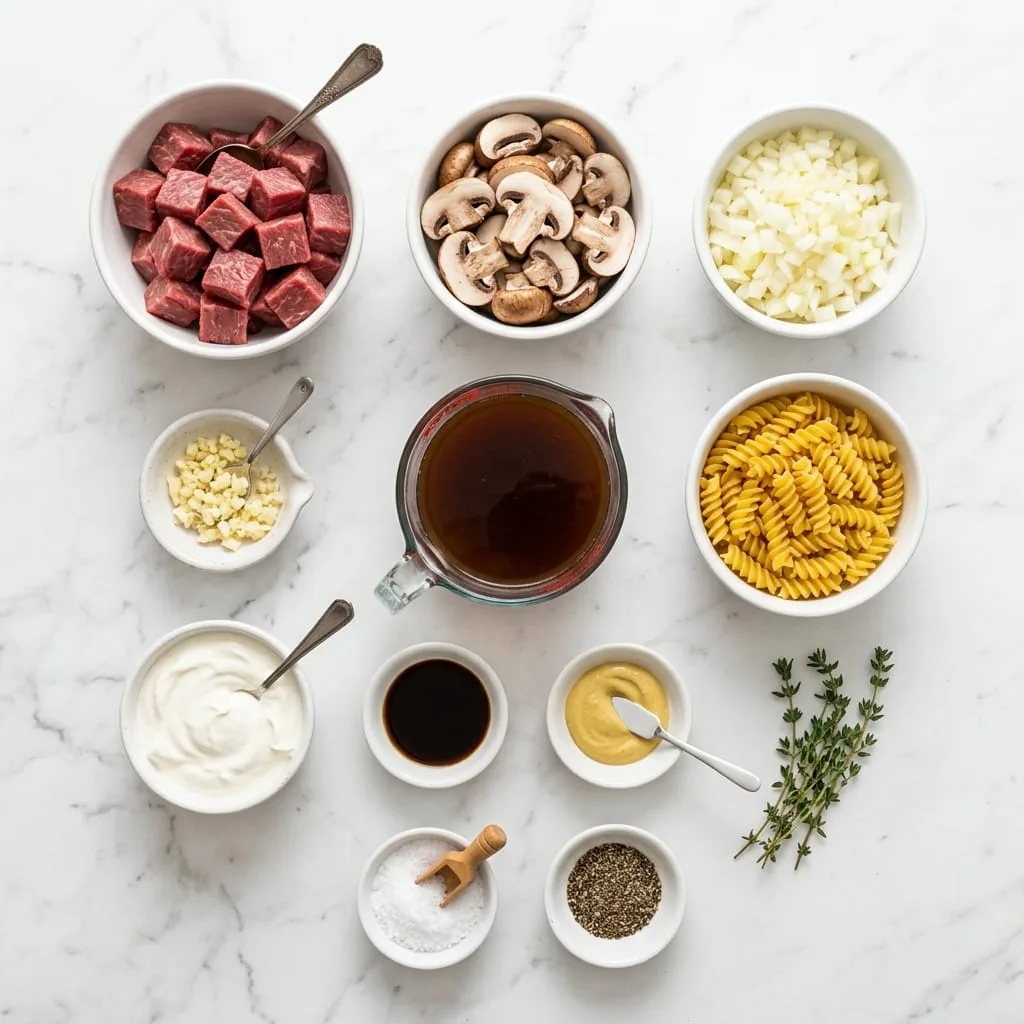 Slow cooker beef stroganoff ingredients laid out on white marble countertop