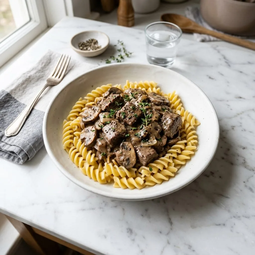 Slow cooker beef stroganoff served over buttery egg noodles in bowl