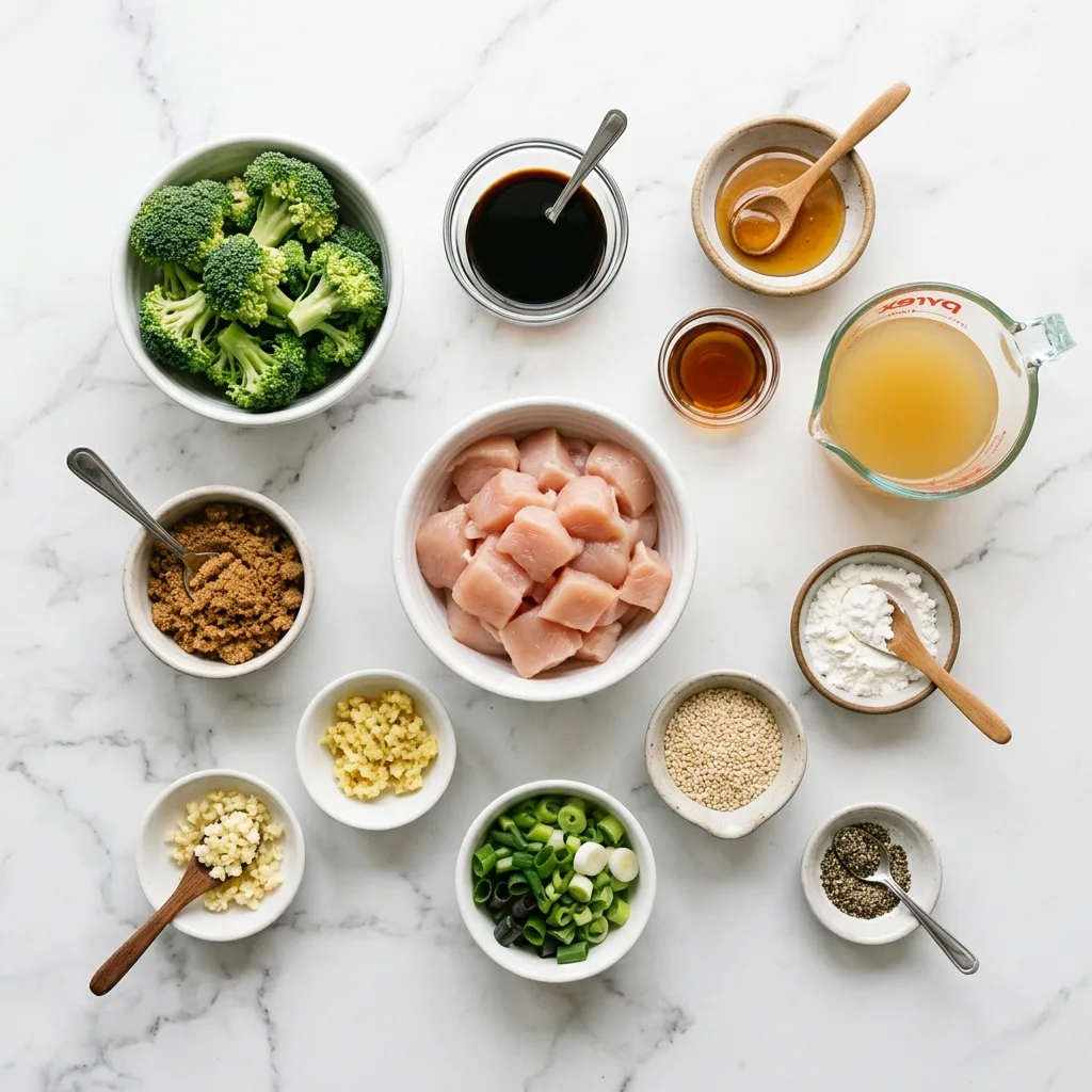 Slow cooker chicken and broccoli ingredients laid out on white marble countertop