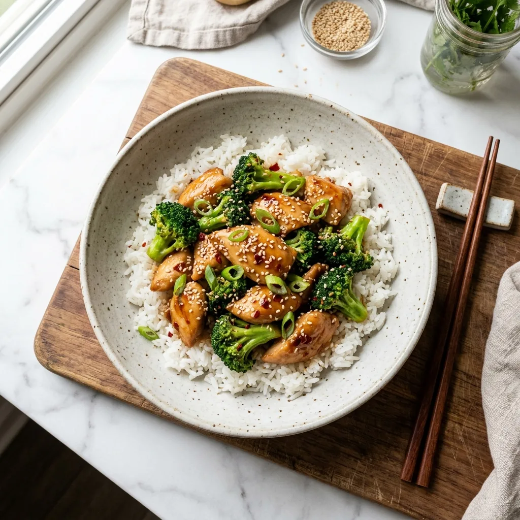 Slow Cooker Chicken and Broccoli served over white jasmine rice with sesame seeds