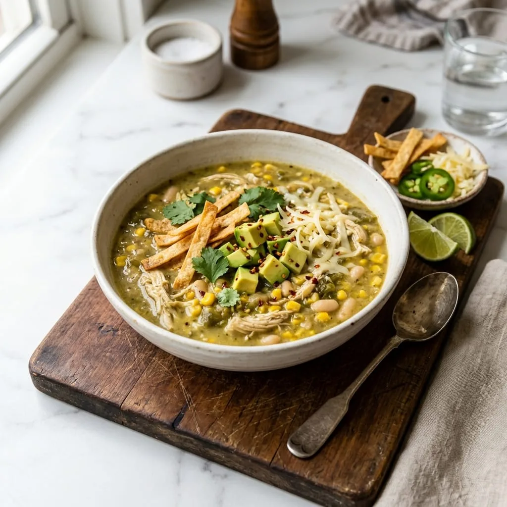 Green Chile Chicken Enchilada Soup served in bowl with tortilla strips and avocado