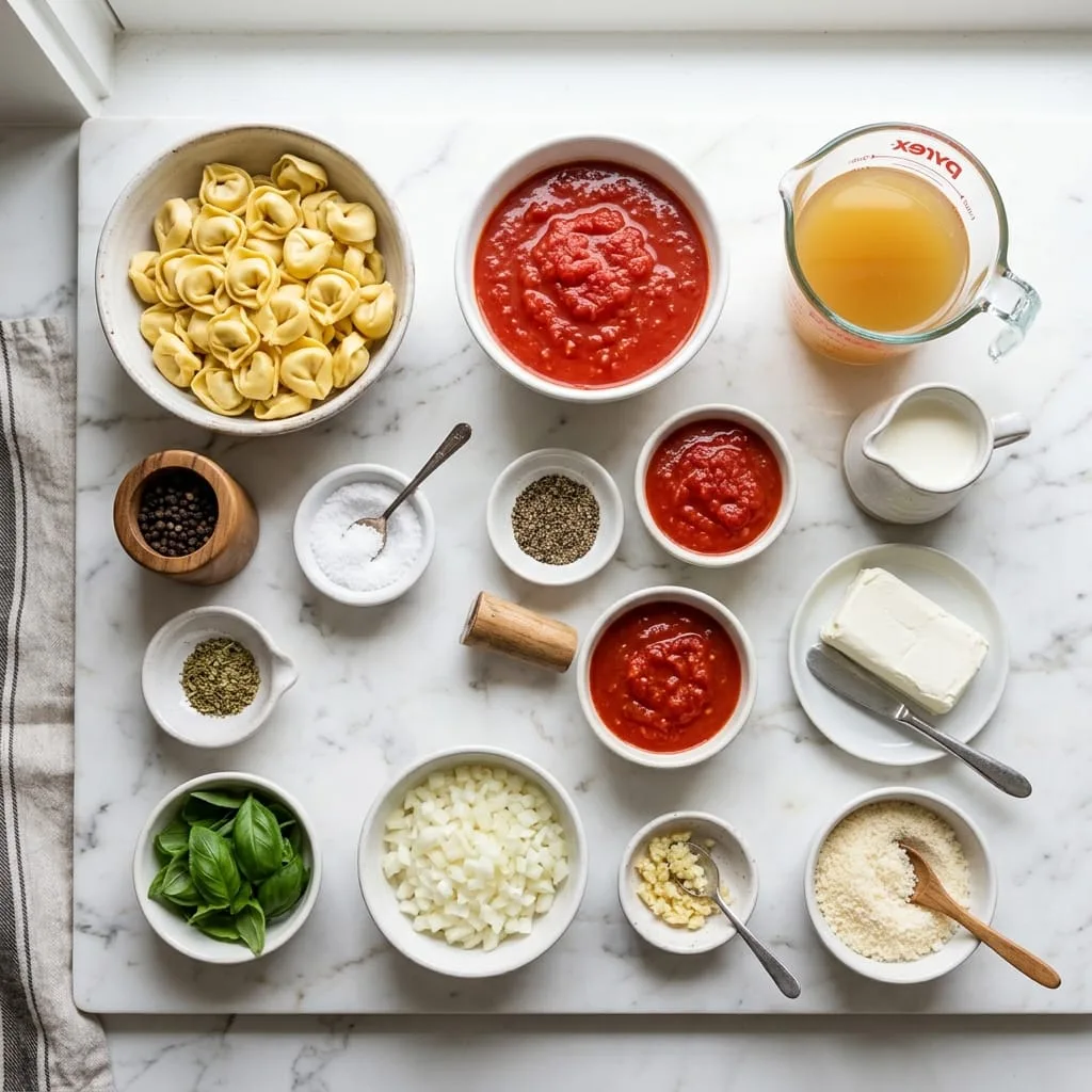 Slow cooker creamy tomato basil tortellini soup ingredients laid out on white marble countertop
