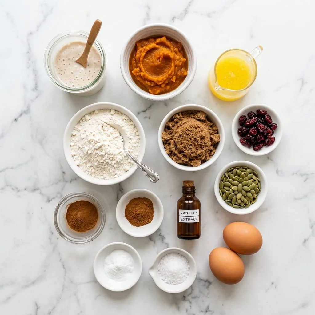Sourdough pumpkin bread ingredients laid out on white marble countertop