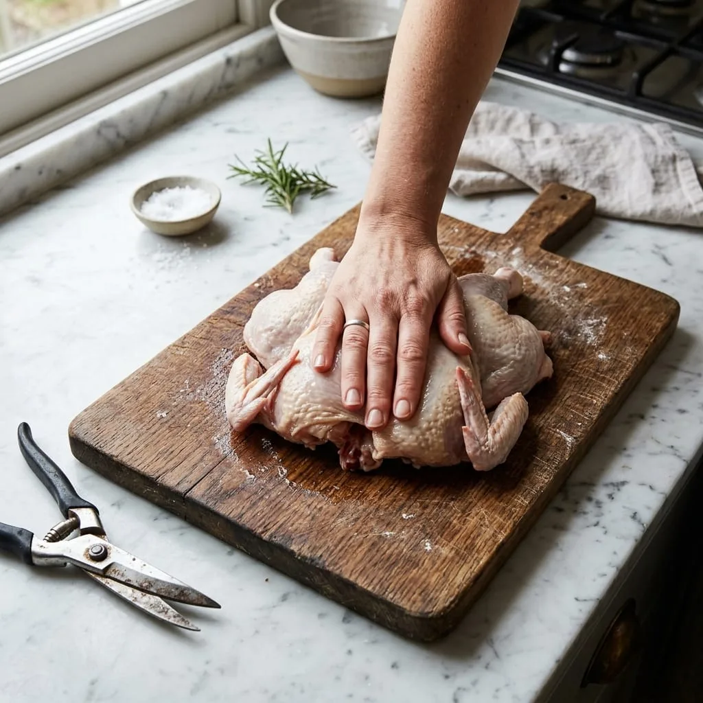 Pressing down firmly to flatten a spatchcocked raw Cornish game hen