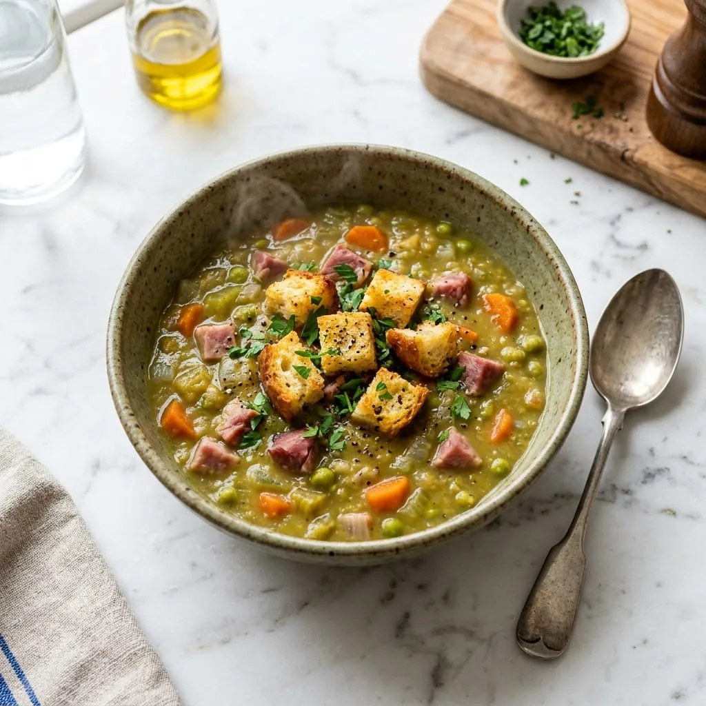 Bowl of Split Pea Soup with garlic croutons