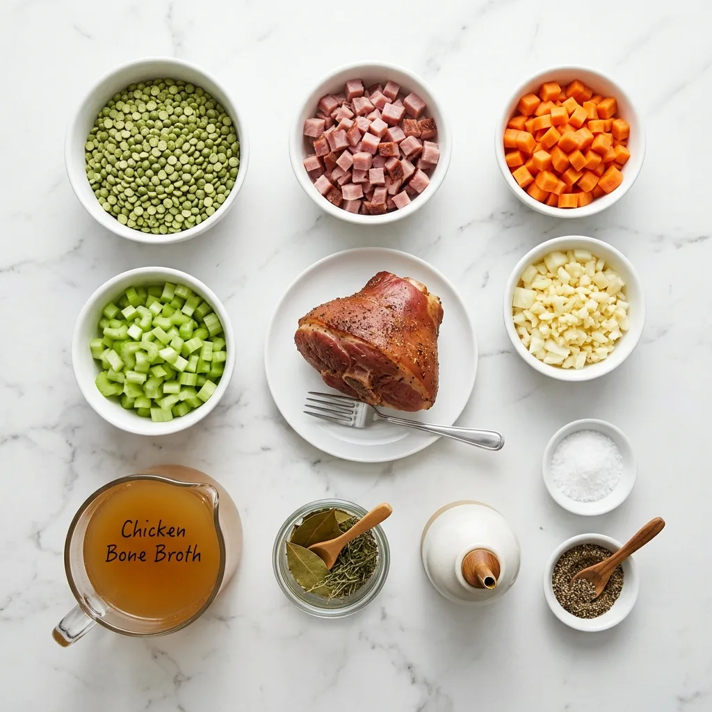 Split pea soup ingredients laid out on white marble countertop