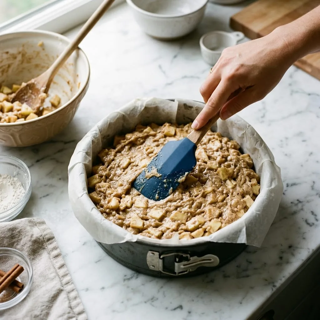 Spreading apple-loaded cake batter into parchment-lined 9-inch springform pan