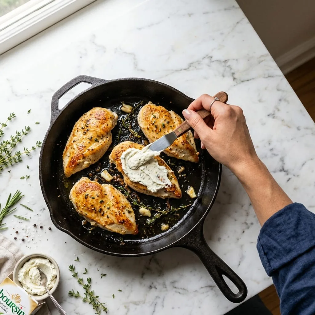 Spreading creamy Boursin Garlic & Fine Herbs cheese over chicken breasts