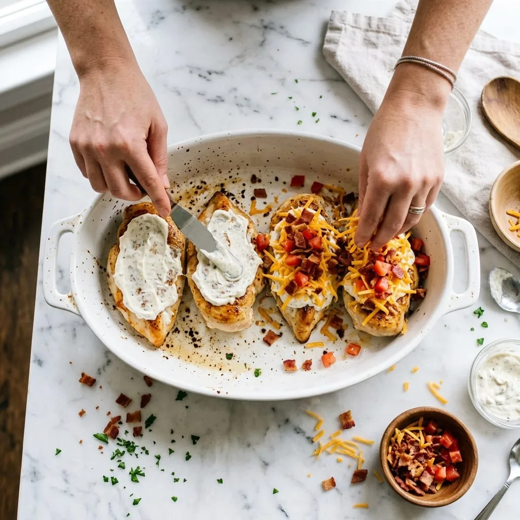 Spreading ranch cream cheese and topping with cheddar, bacon, and tomatoes