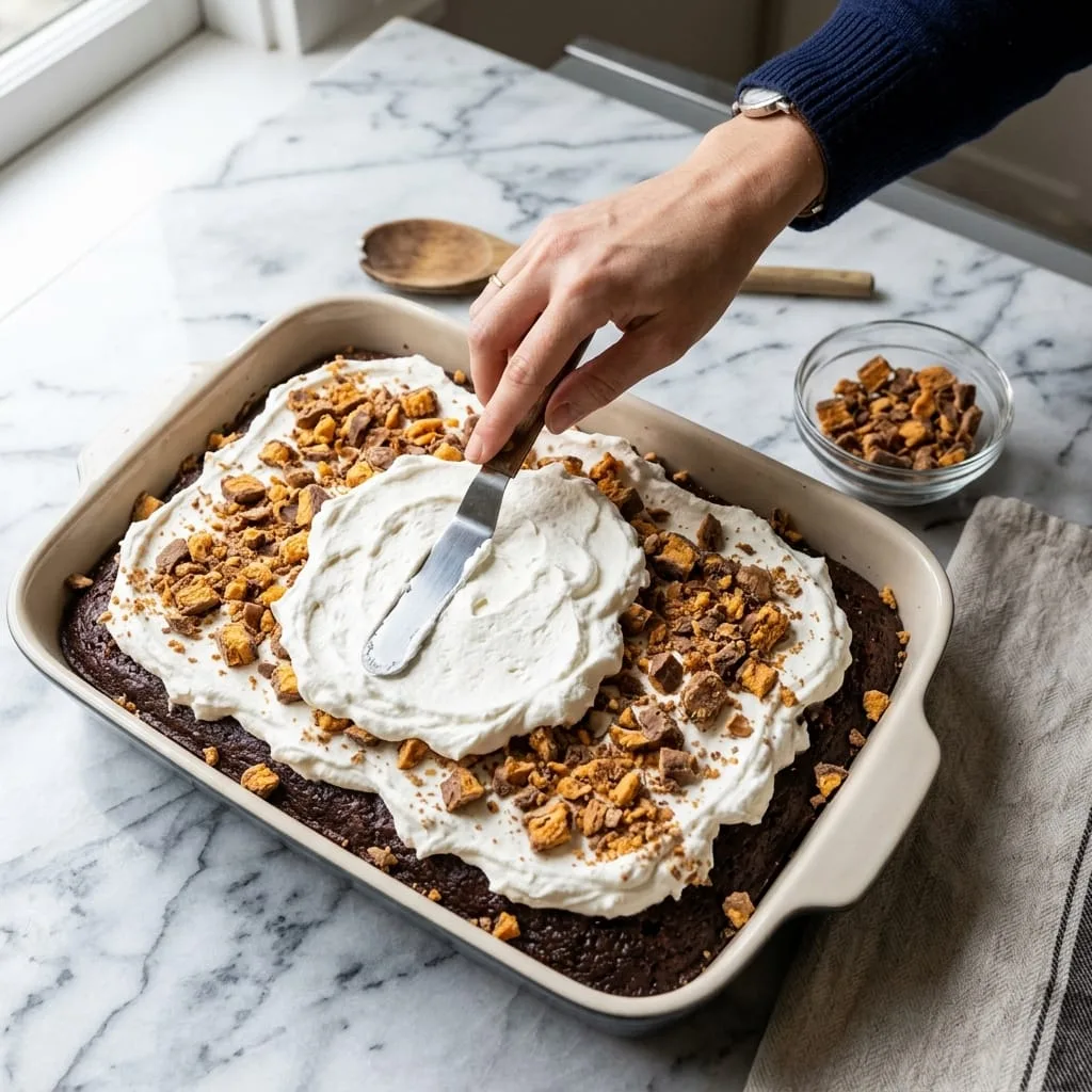 Spreading whipped topping and scattering chopped Butterfinger candy chunks over cake