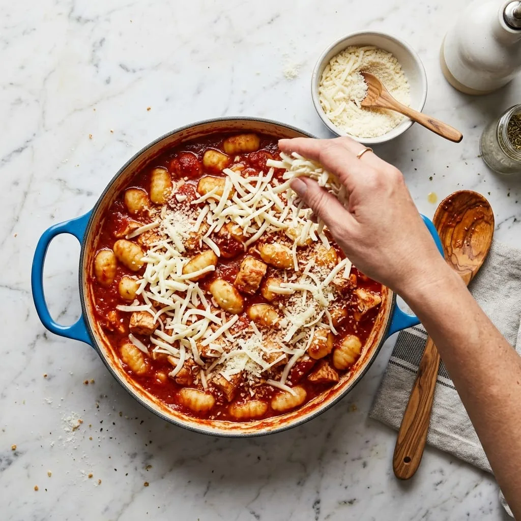Sprinkling shredded mozzarella and parmesan over chicken gnocchi