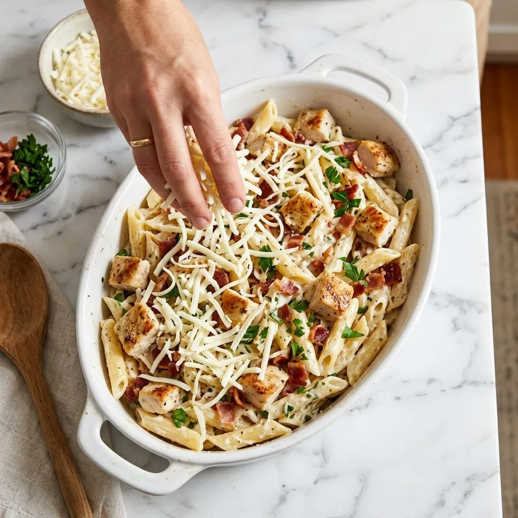 Sprinkling shredded mozzarella cheese over penne pasta, chicken, and bacon in baking dish