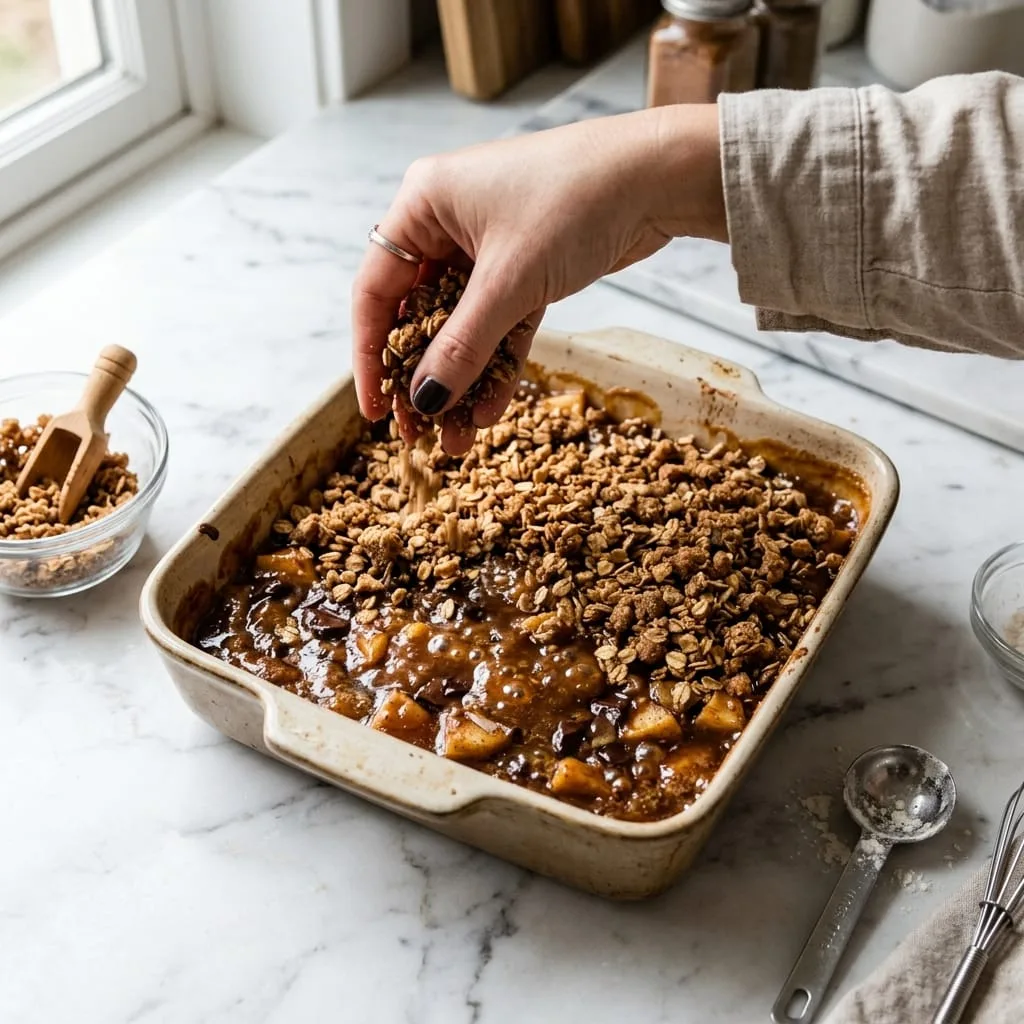 Sprinkling remaining oat crumble streusel over caramel layer in baking pan
