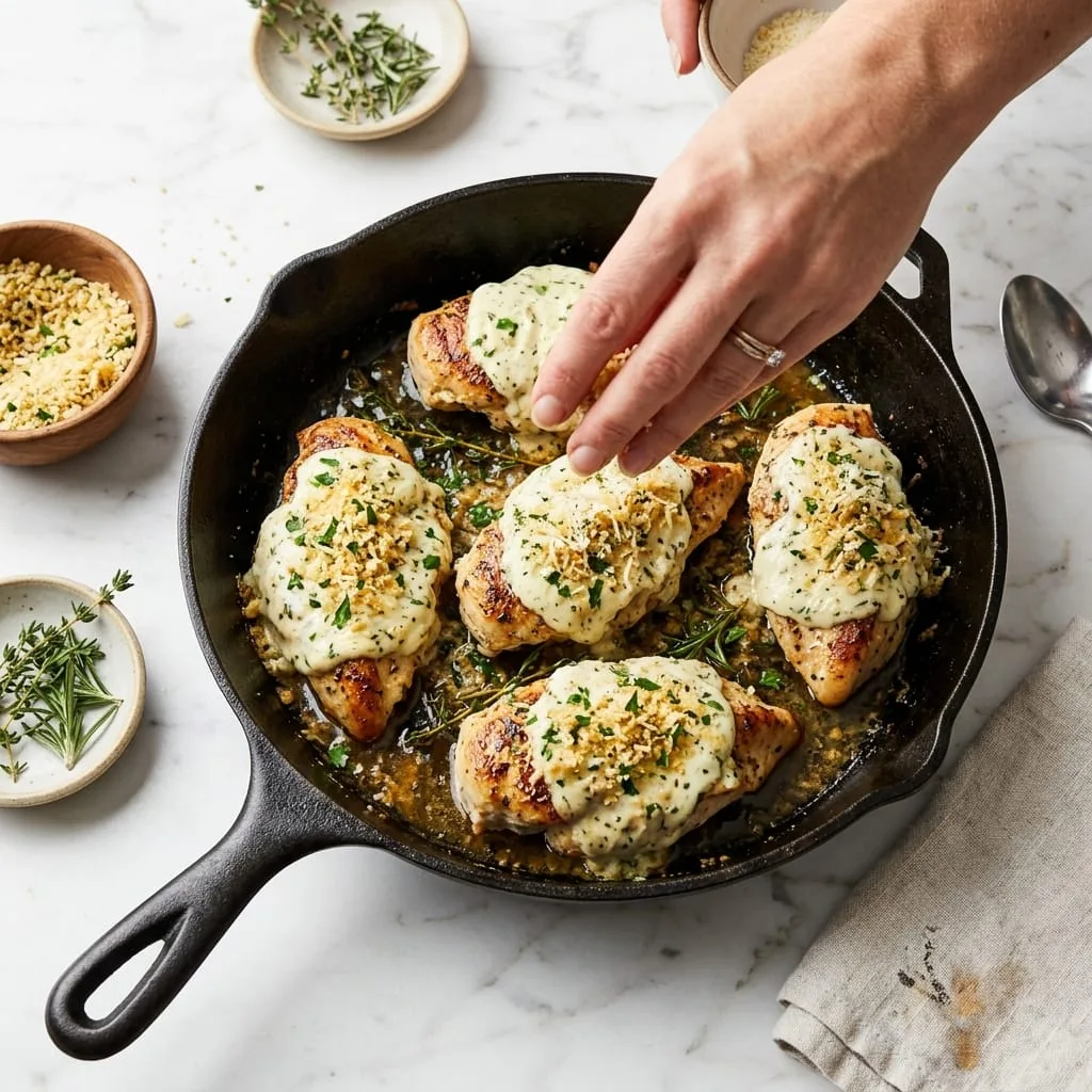 Sprinkling buttery herb Panko and Parmesan breadcrumbs over Boursin chicken