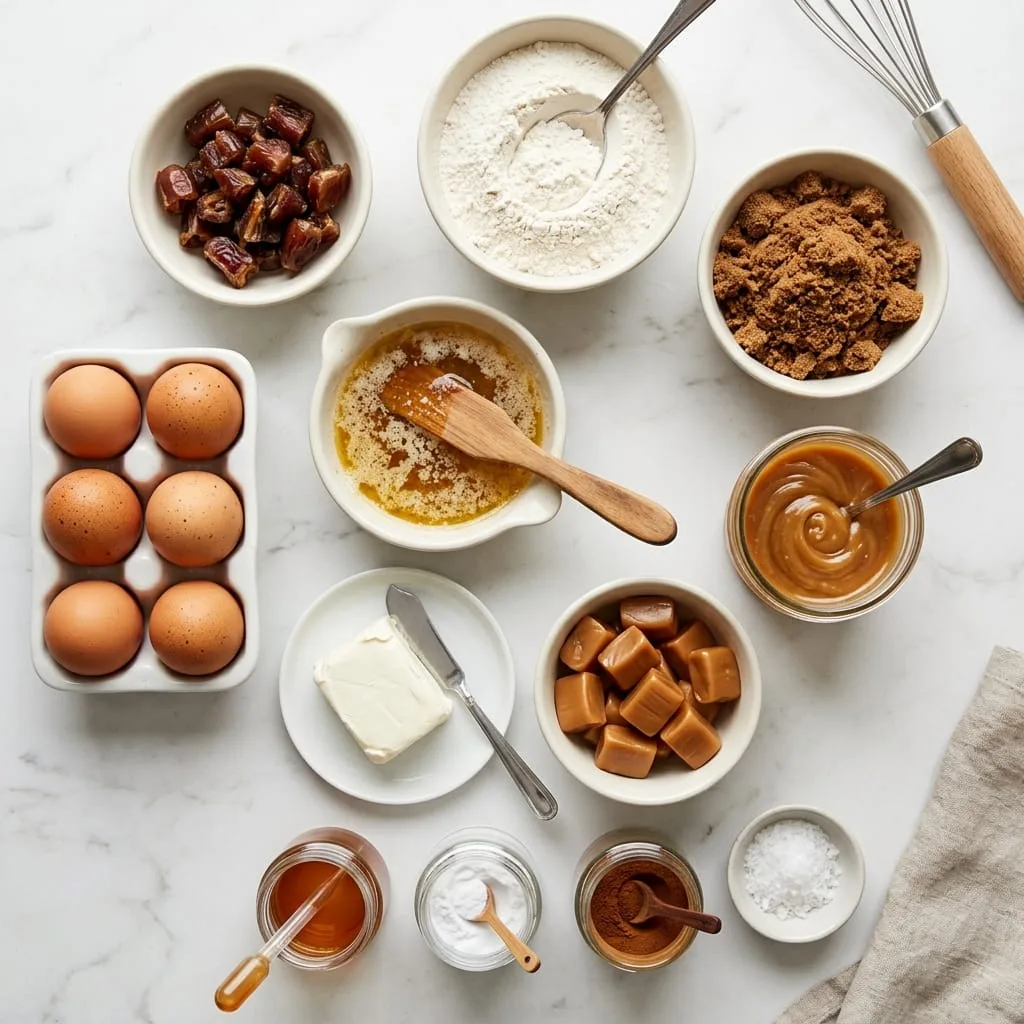 Sticky toffee pudding cookies ingredients laid out on white marble countertop