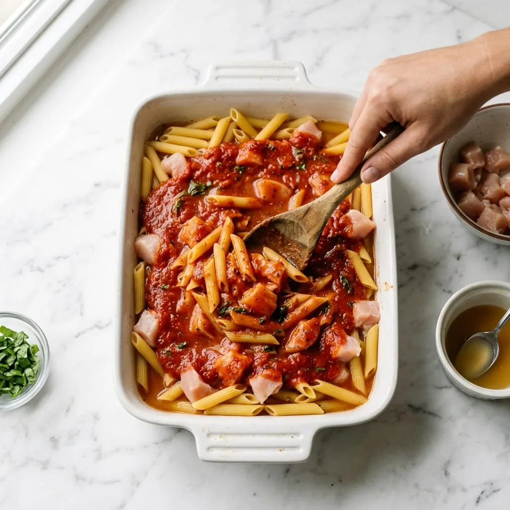 Stirring chicken parmesan casserole so pasta is submerged