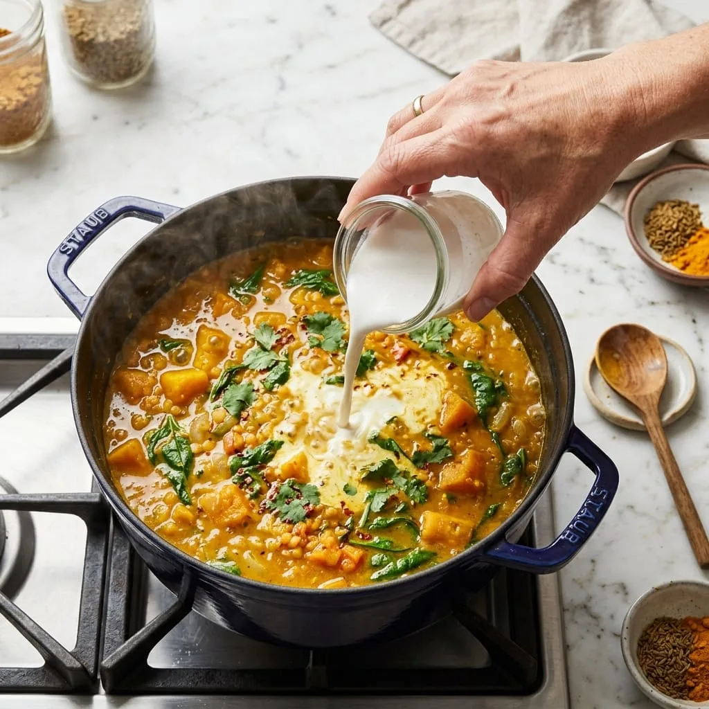 Pouring creamy coconut milk into golden pumpkin and lentil curry in pot