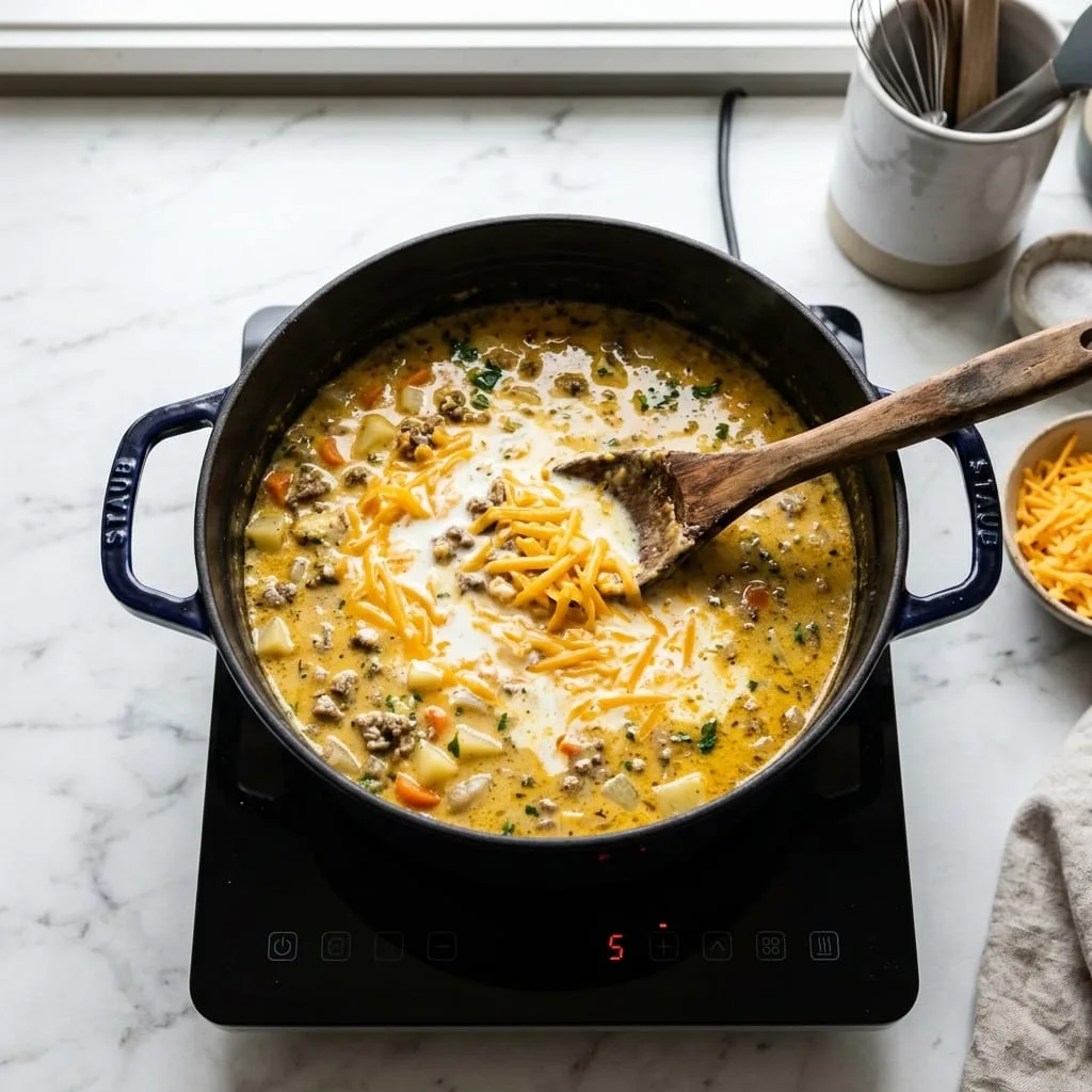 Stirring milk and shredded cheddar cheese into hot soup