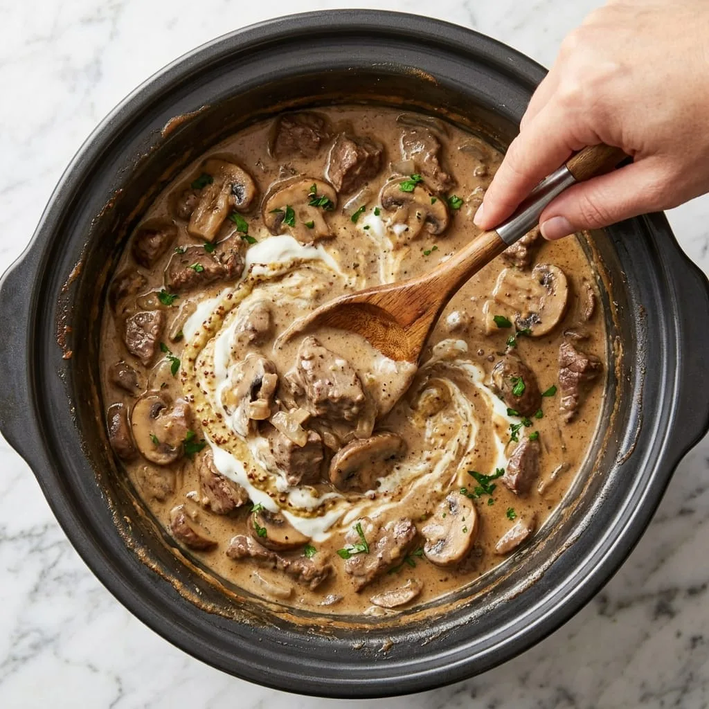 Stirring sour cream and Dijon mustard into tender slow cooker beef stew