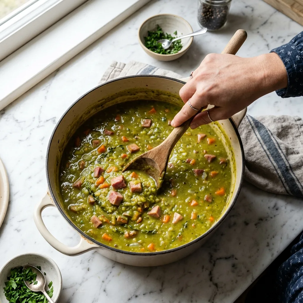 Stirring thick velvety green split pea soup loaded with diced ham