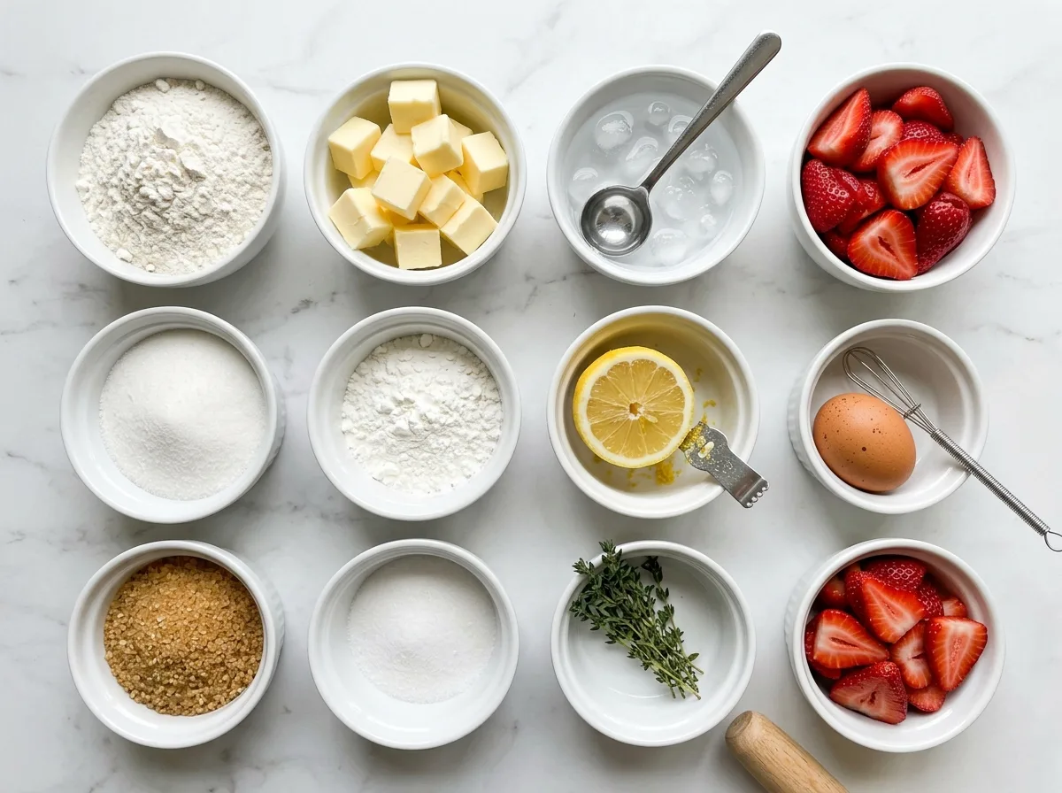 Strawberry Galette ingredients laid out on white marble counter