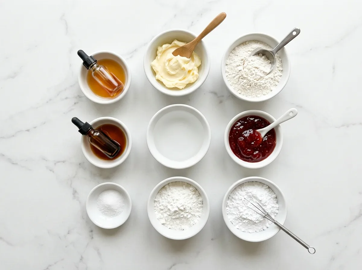 Strawberry Shortbread Cookies ingredients laid out on white marble counter