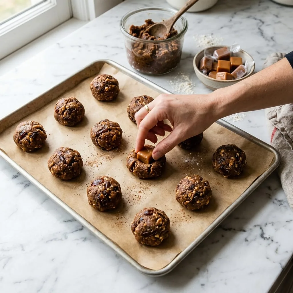 Inserting soft toffee caramel candy into center of spiced date cookie dough ball